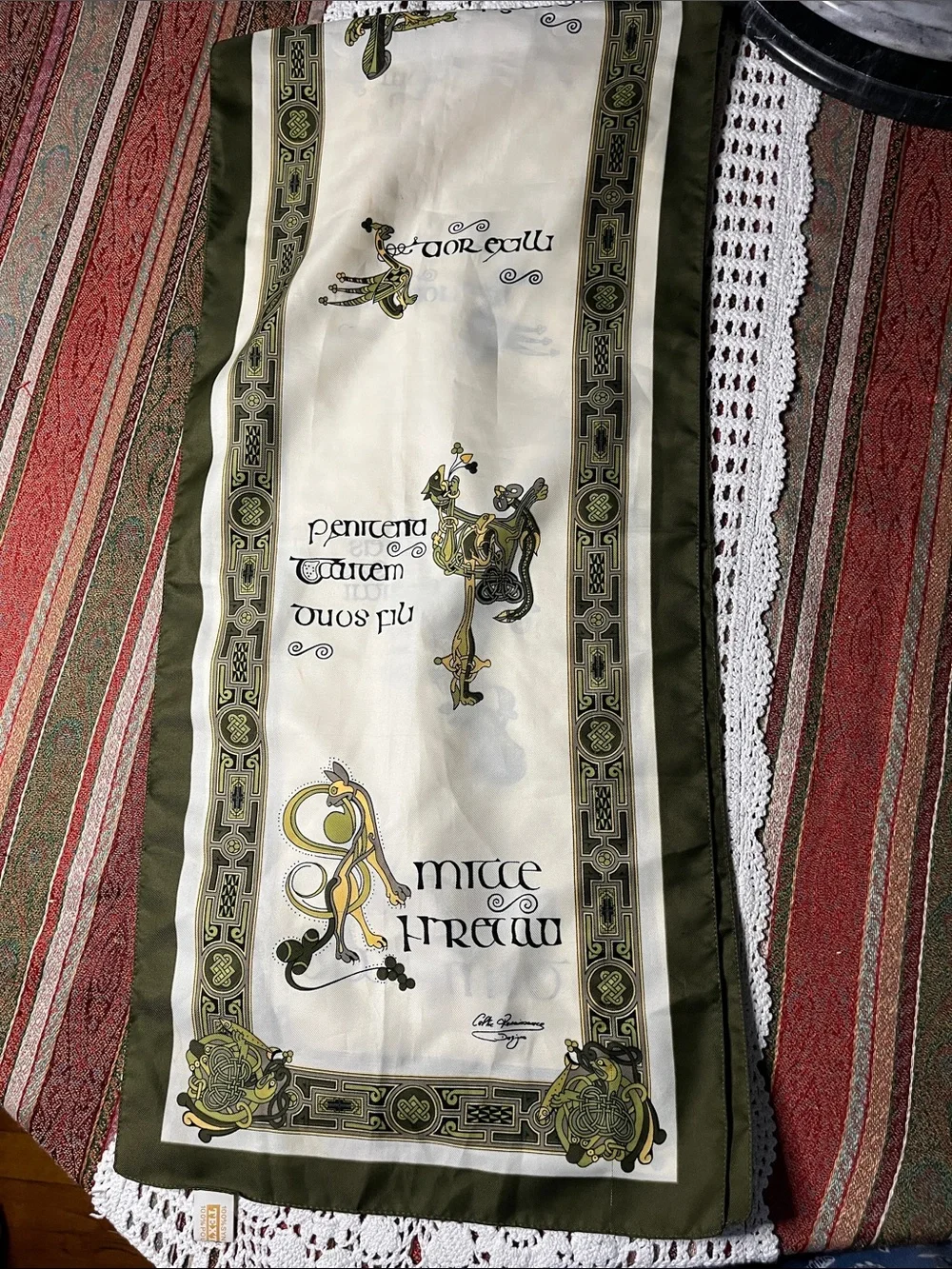 Vintage souvenir scarf Green and Cream Decorative Silk Scarf Table Runner